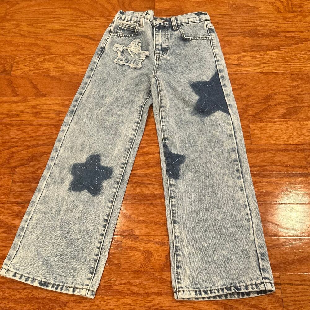 SHEIN Girls 8Y Acid Wash Star Wide Leg Jeans Y2K Skater Style